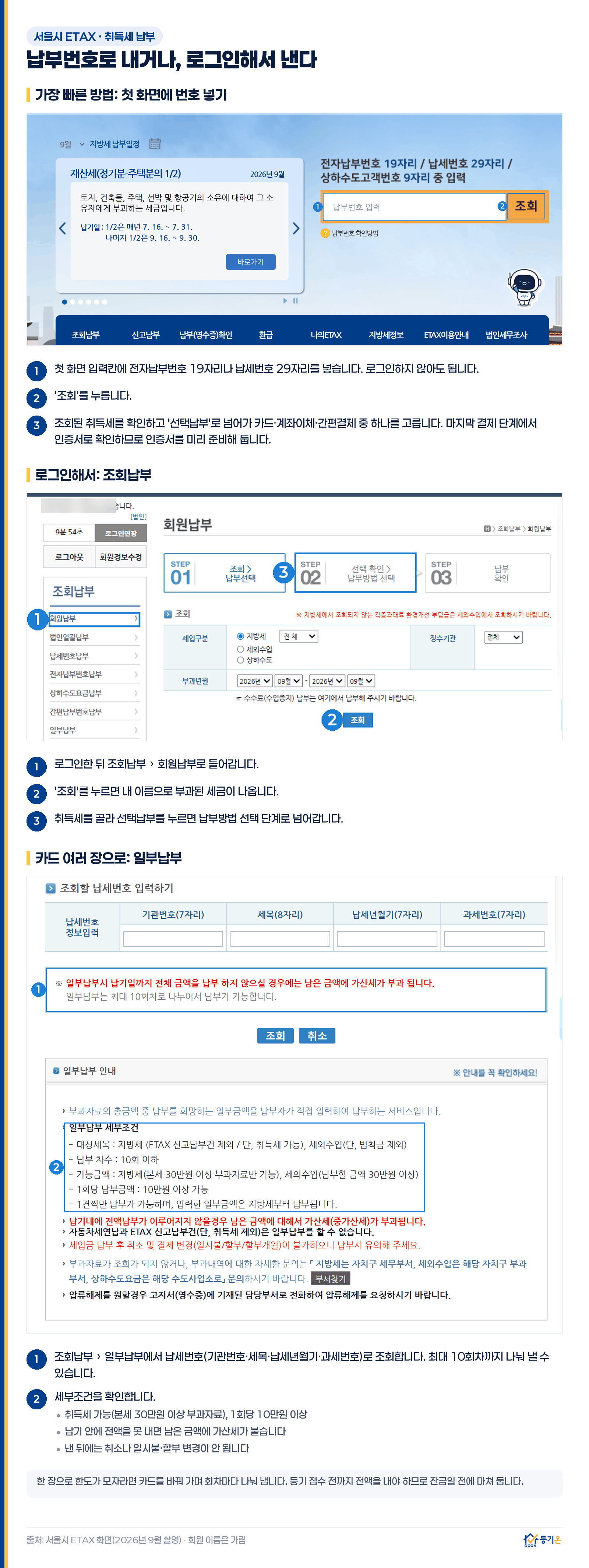 서울시 ETAX 취득세 납부 화면 안내: 첫 화면 입력칸에 전자납부번호 또는 납세번호를 넣고 조회 후 선택납부, 로그인하면 조회납부의 회원납부에서 조회 후 선택납부, 카드 여러 장으로 내려면 일부납부에서 최대 10회차까지 나눠 납부