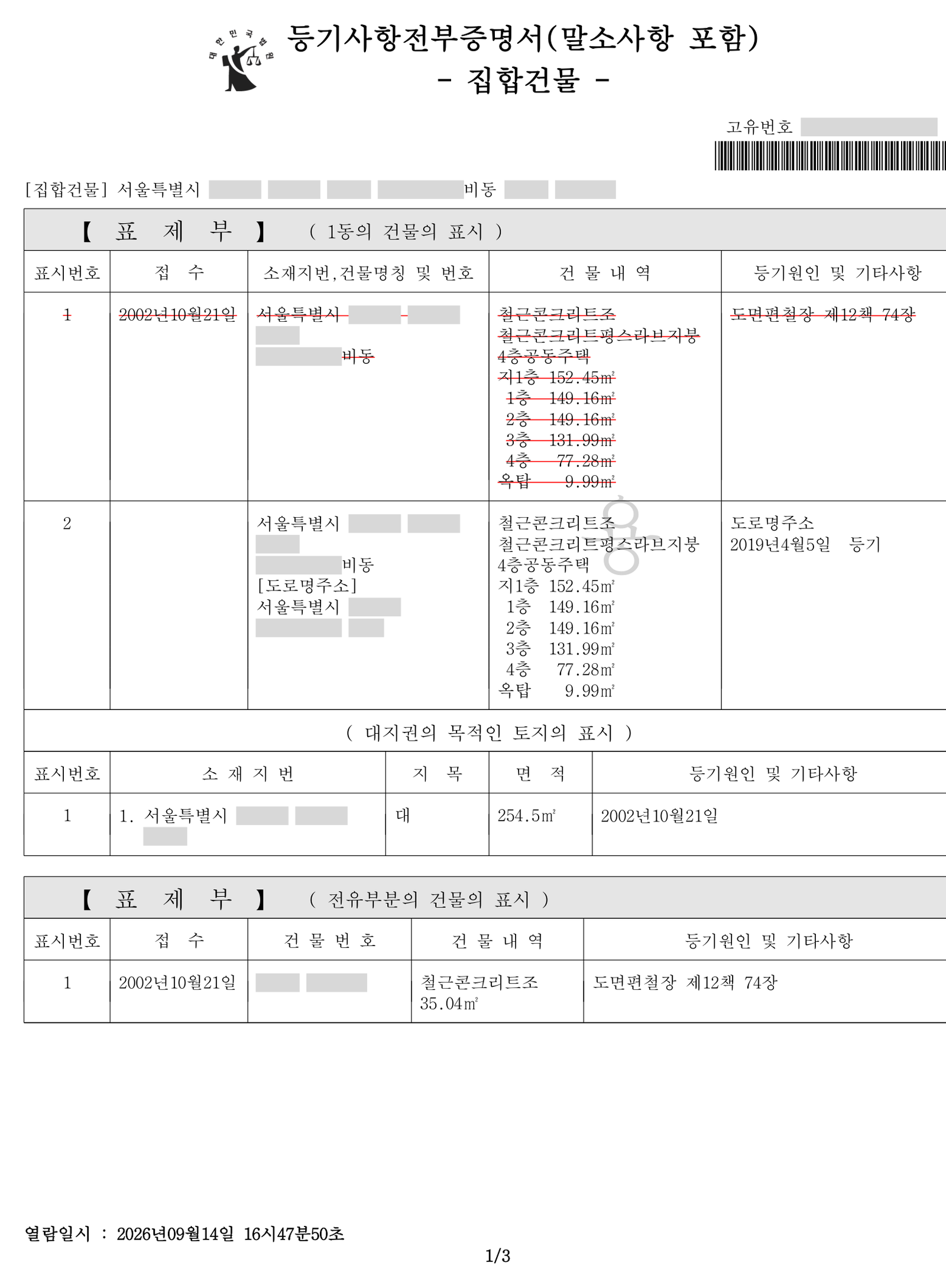 집합건물 등기부등본 표제부: 1동 건물의 표시, 대지권의 목적인 토지의 표시, 전유부분 건물의 표시 세 부분으로 나뉜다