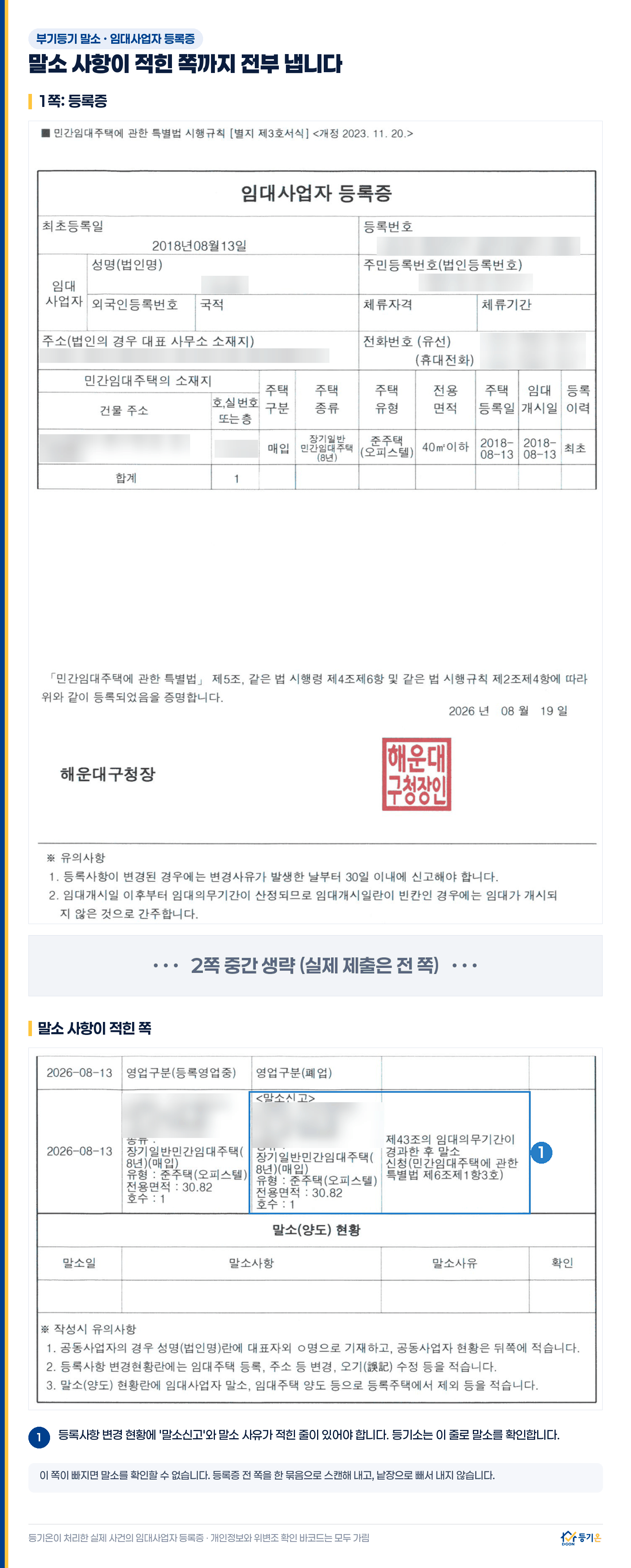 실제 말소된 임대사업자 등록증 예시: 1쪽과 말소신고·말소 사유가 적힌 쪽, 가운데 쪽은 생략 표시. 개인정보와 위변조 확인 바코드는 가림